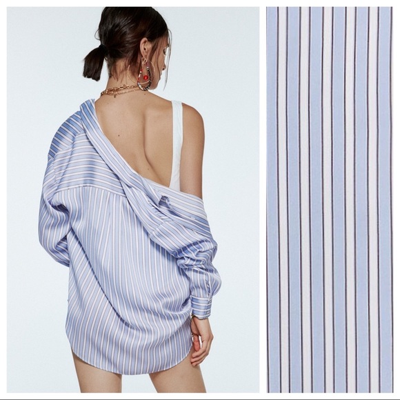 NWT. Zara Blue/White Stiped Satin Effect Blouse/Shirt. Size S. - Picture 5 of 11